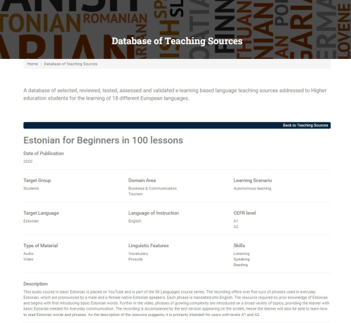 Estonian teaching source available on the website